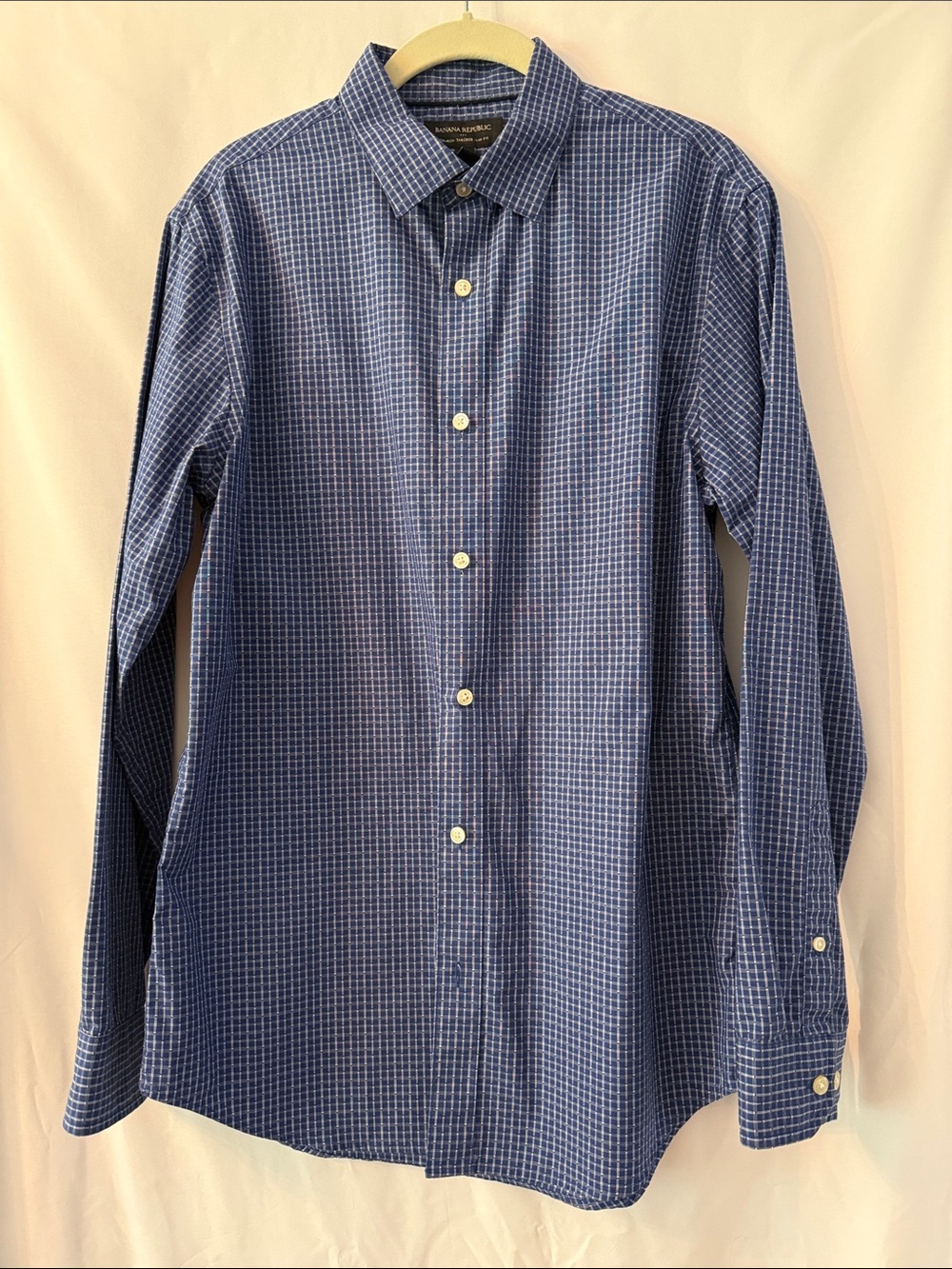 Banana Republic Men’s Blue and White Mini-Check Shirt - 100% Cotton Medium Slim